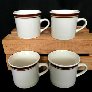 Brickoven Stoneware Coffee Mug Tea Cup Ivory Brown Stripe Vintage Lot of 4